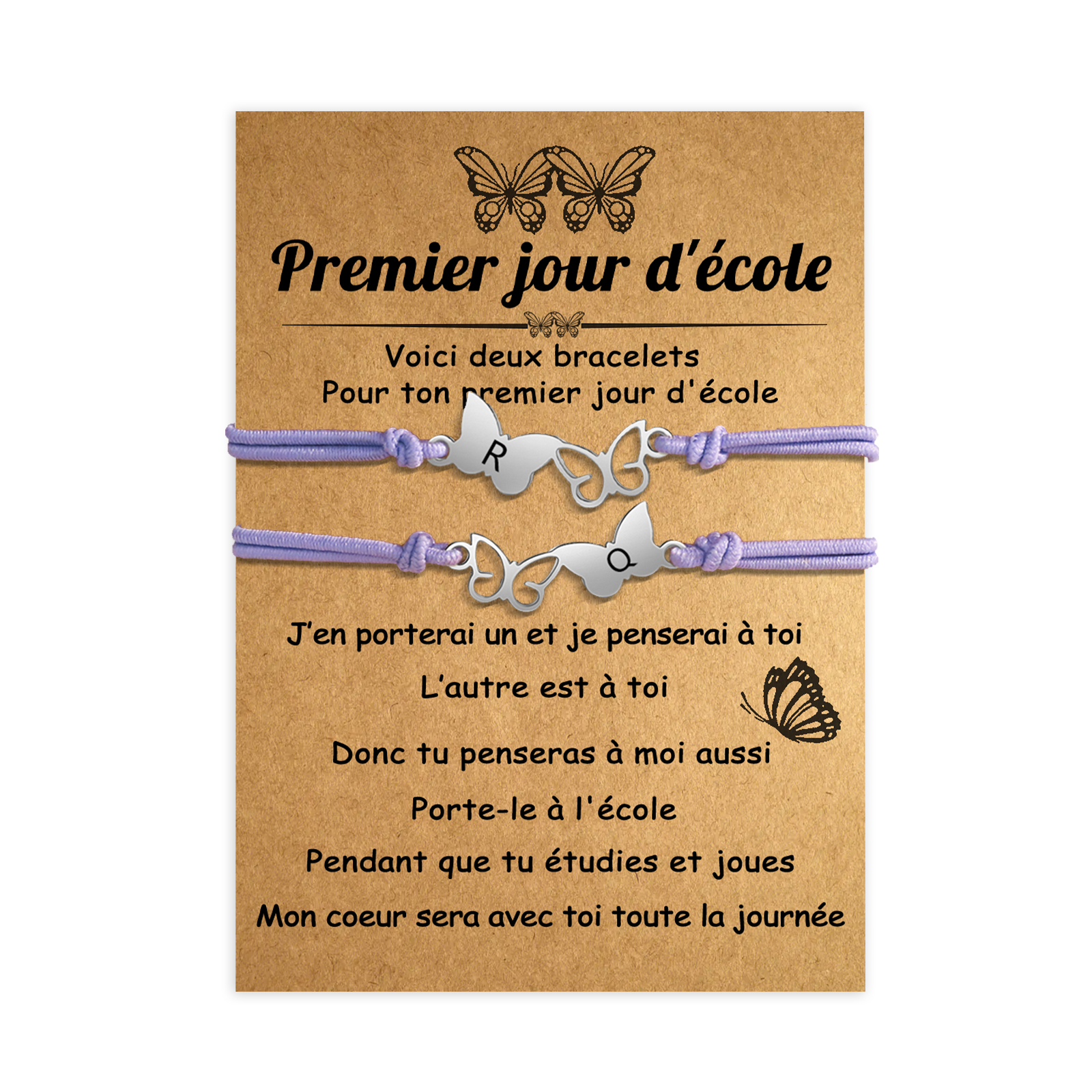 2PCS Bracelet Initiale Papillons 2 Lettres Personnalisées Corde élastiques Cadeau Rentrée Scolaire Premier jour d’école｜Jessemade