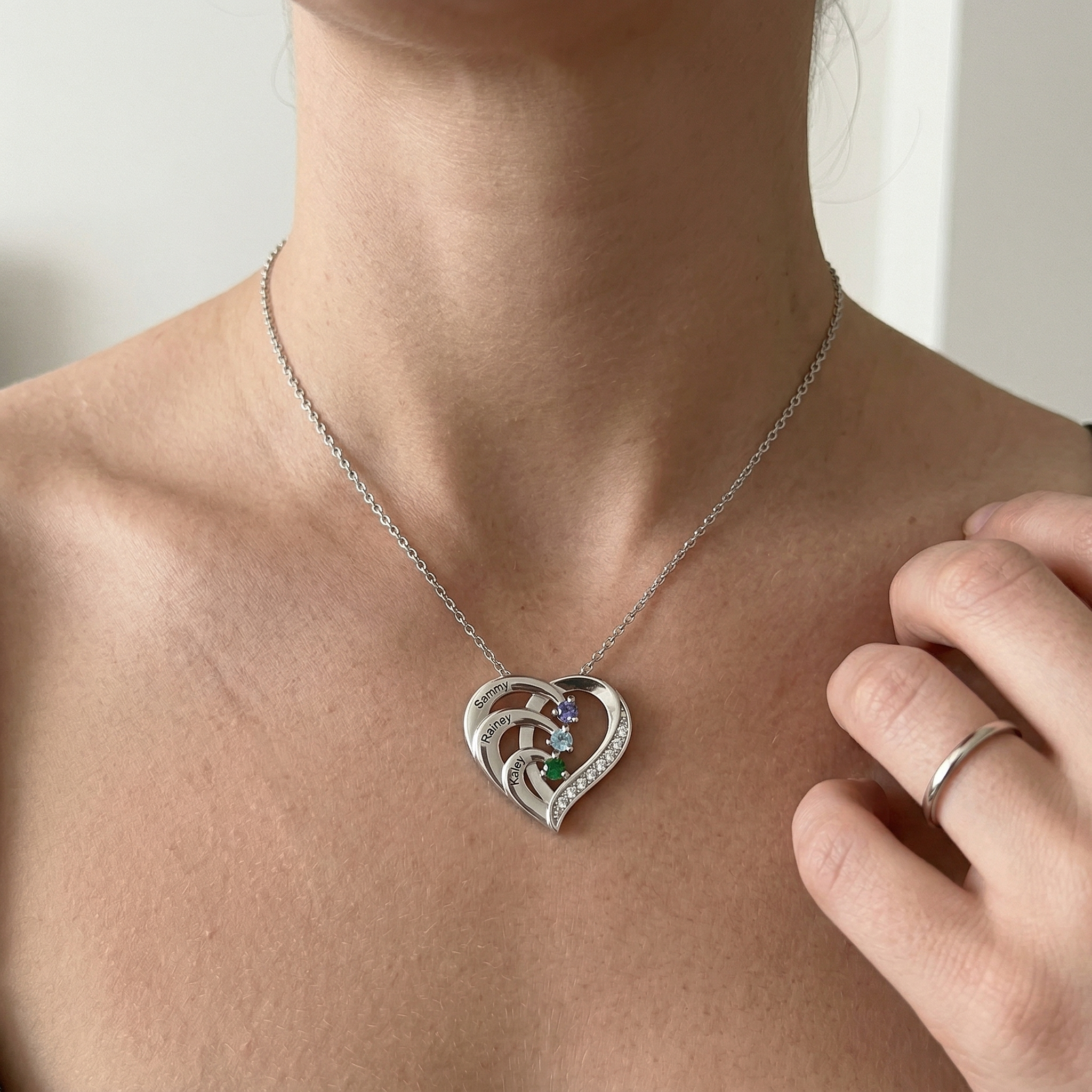 Collier Coeur 2-6 Prénoms Personnalisés avec Pierres de naissance en Argent 925｜Jessemade