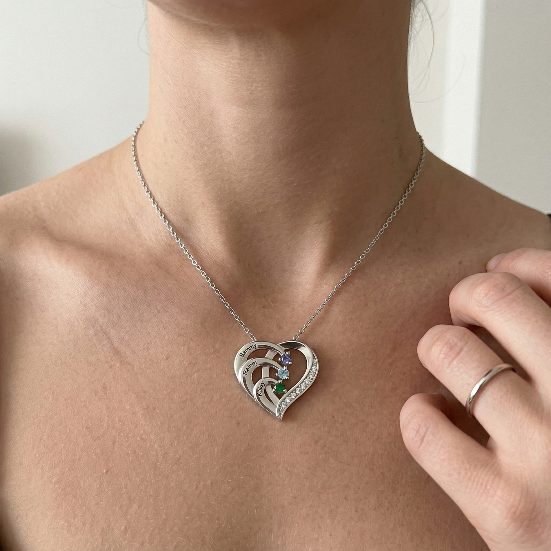 Collier Coeur 2-6 Prénoms Personnalisés avec Pierres de naissance en Argent 925｜Jessemade