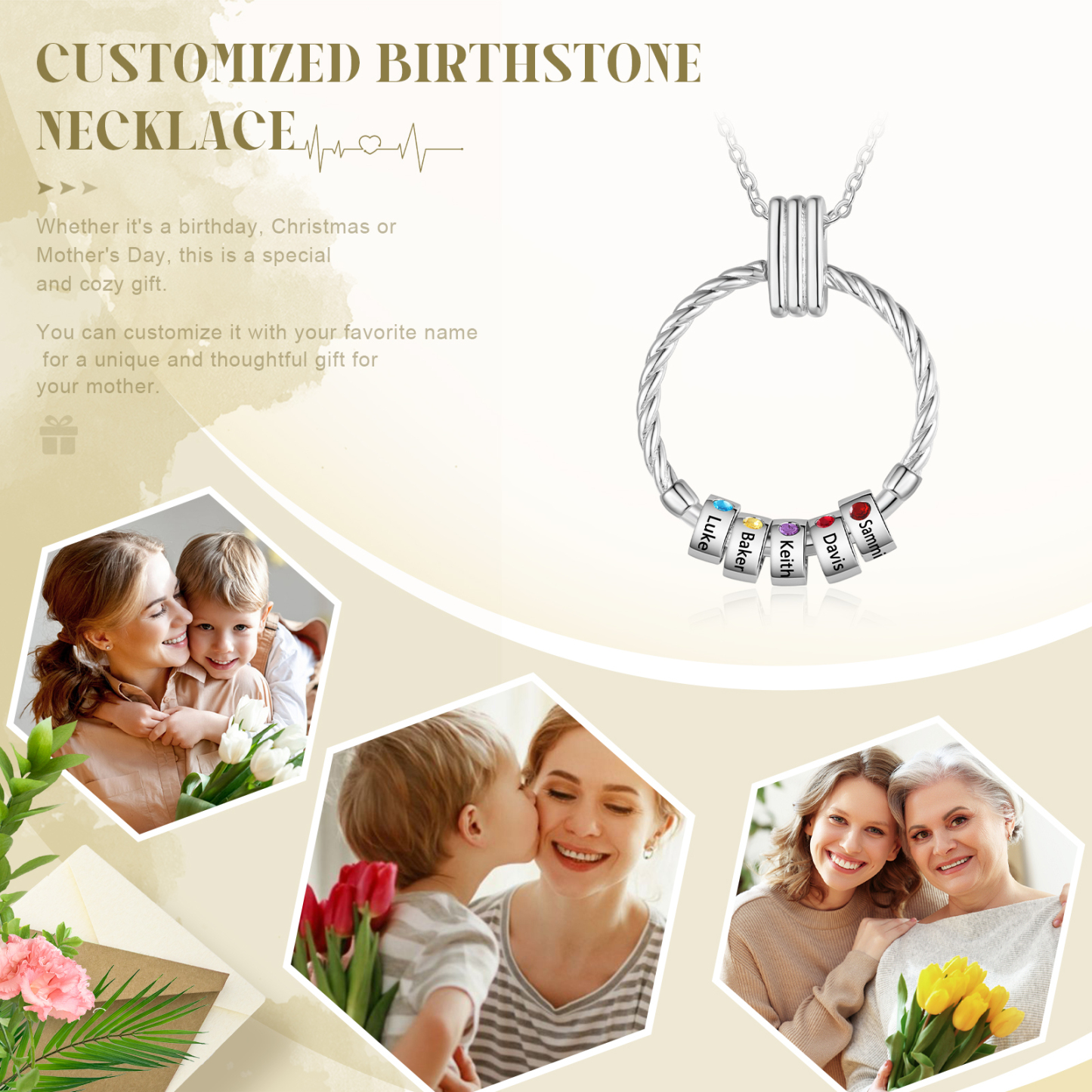 Collier Pendentif 5 Prénoms et Perles Personnalisés avec Pierres de Naissance Collier Femmes