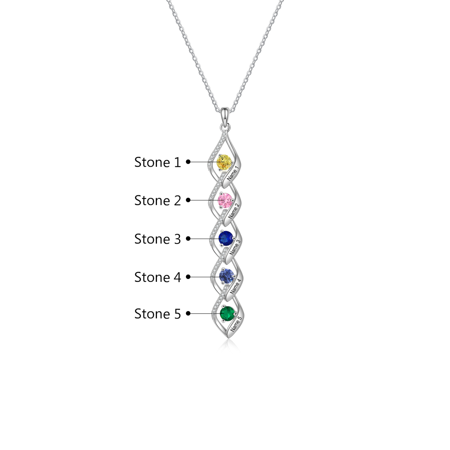 Collier Pendentif infini 5 Prénoms Personnalisés avec Pierre de naissance pour Femmes