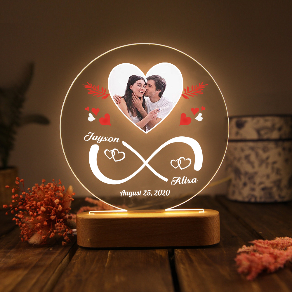 Lampe de chevet Couple LED Lumières 2 Prénoms et 1 Photo Personnalisés avec Date