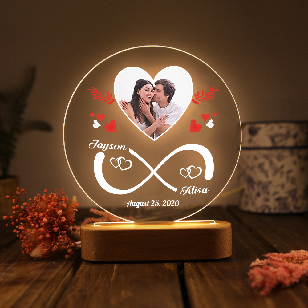 Lampe de chevet Couple LED Lumières 2 Prénoms et 1 Photo Personnalisés avec Date