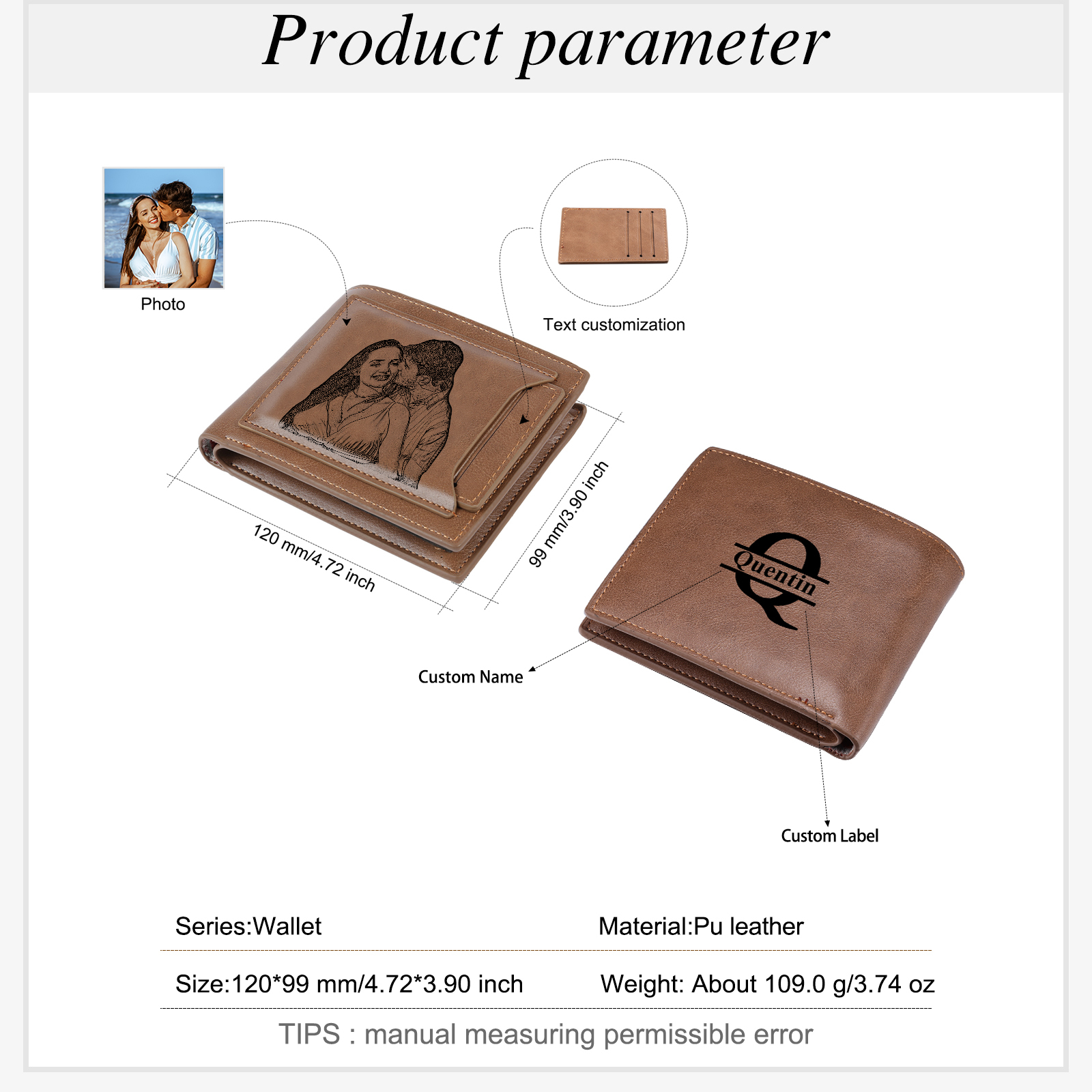 Portefeuille 1 Prénom Personnalisé avec Lettre et Photo et Texte Classique Homme Porte-Monnaie Carte