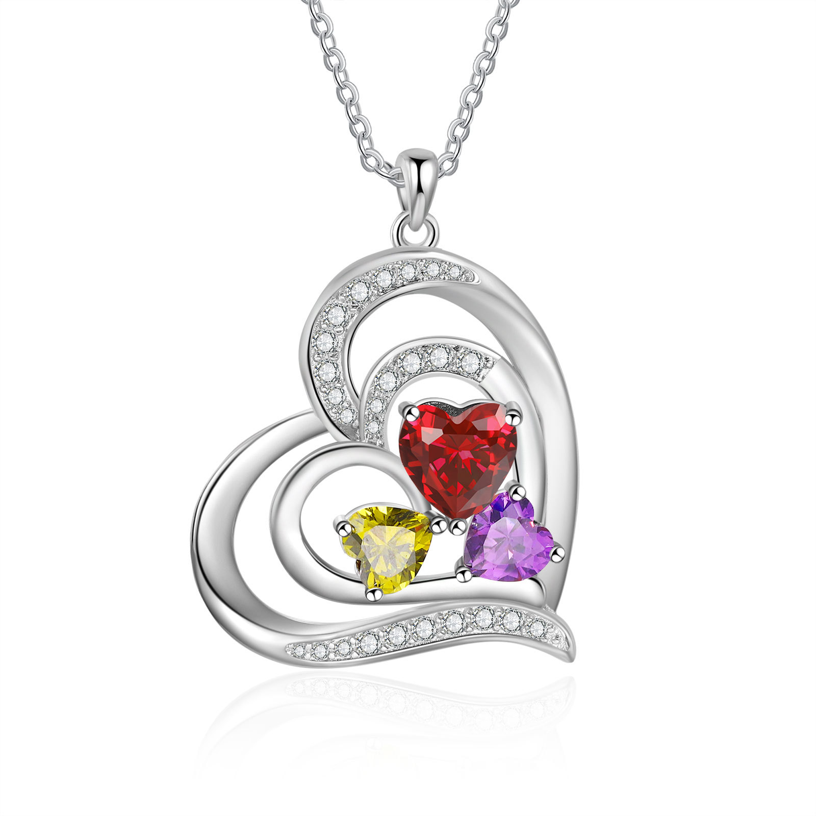 Collier Pendentif Cœur 3 Prénoms Personnalisés avec 3 Pierres de Naissance Collier Femmes