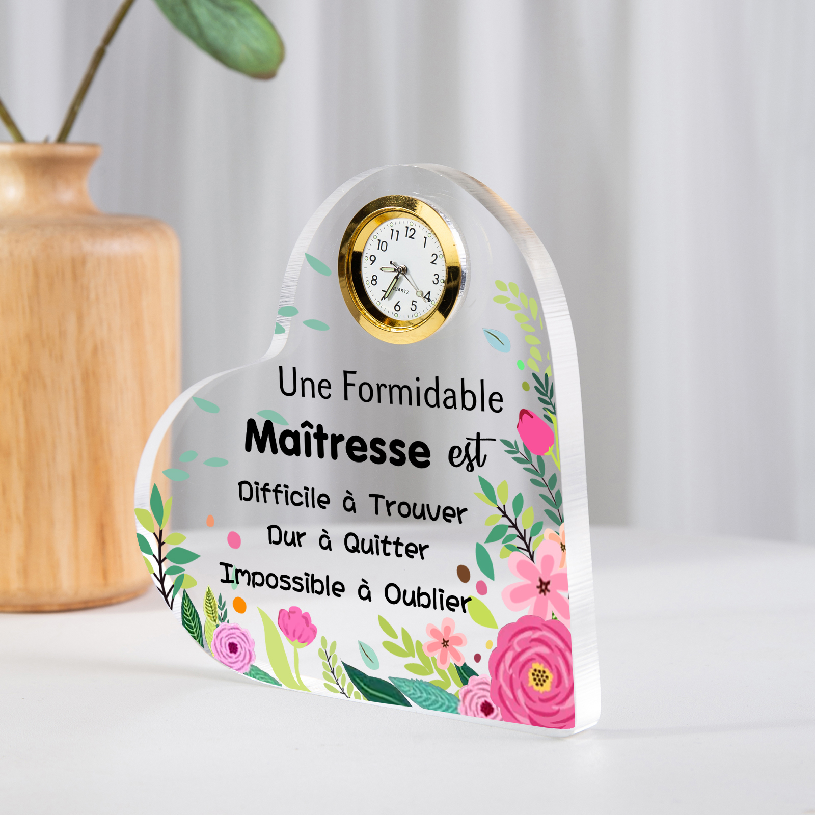 Cadeau Maîtresse – Plaque Cœur en Acrylique avec Horloge et Message Émotionnel | Jessemade