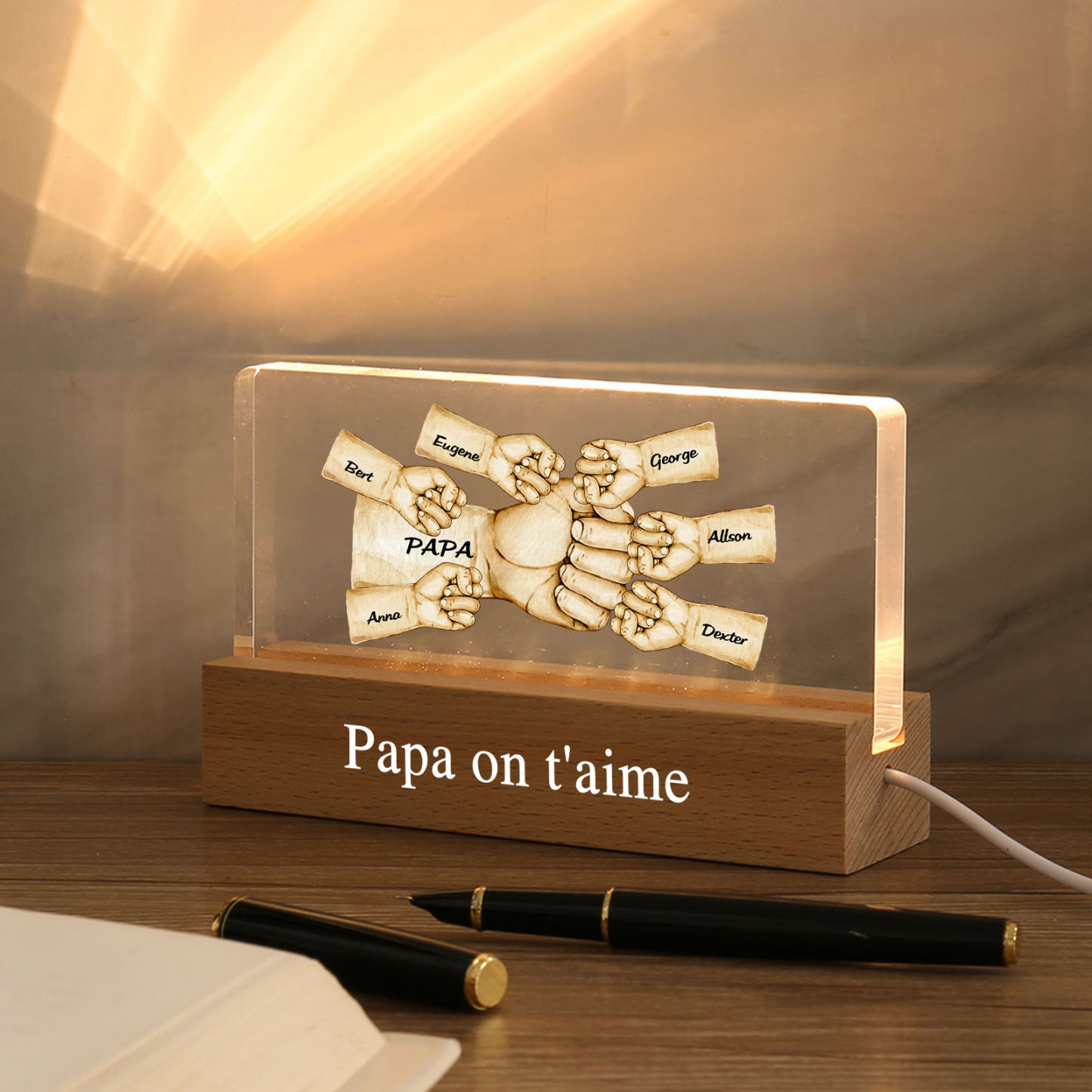 À mon Papa/Papi- Lampe de chevet LED Poings 7 Prénoms Personnalisés avec Texte