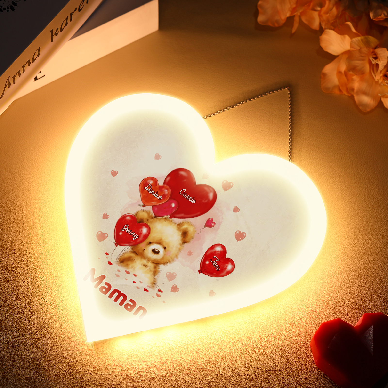 À Maman/Mamie - Veilleuse Cœur Décoration Ours 4 Prénoms Personnalisés avec 1 Texte
