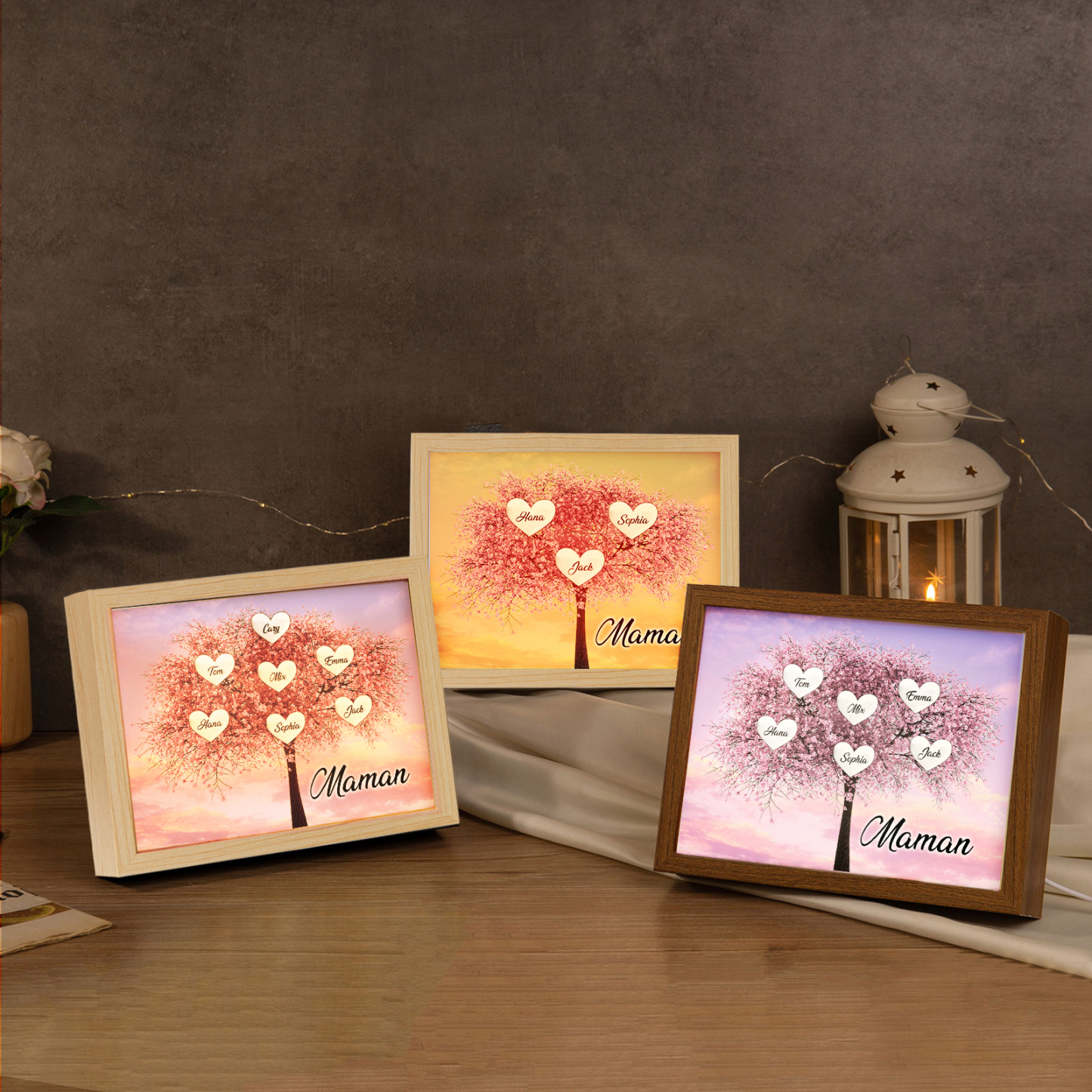 Cadre Photo LED Arbre de Vie 7 Prénoms et 1 Texte Personnalisé Décoration Famille