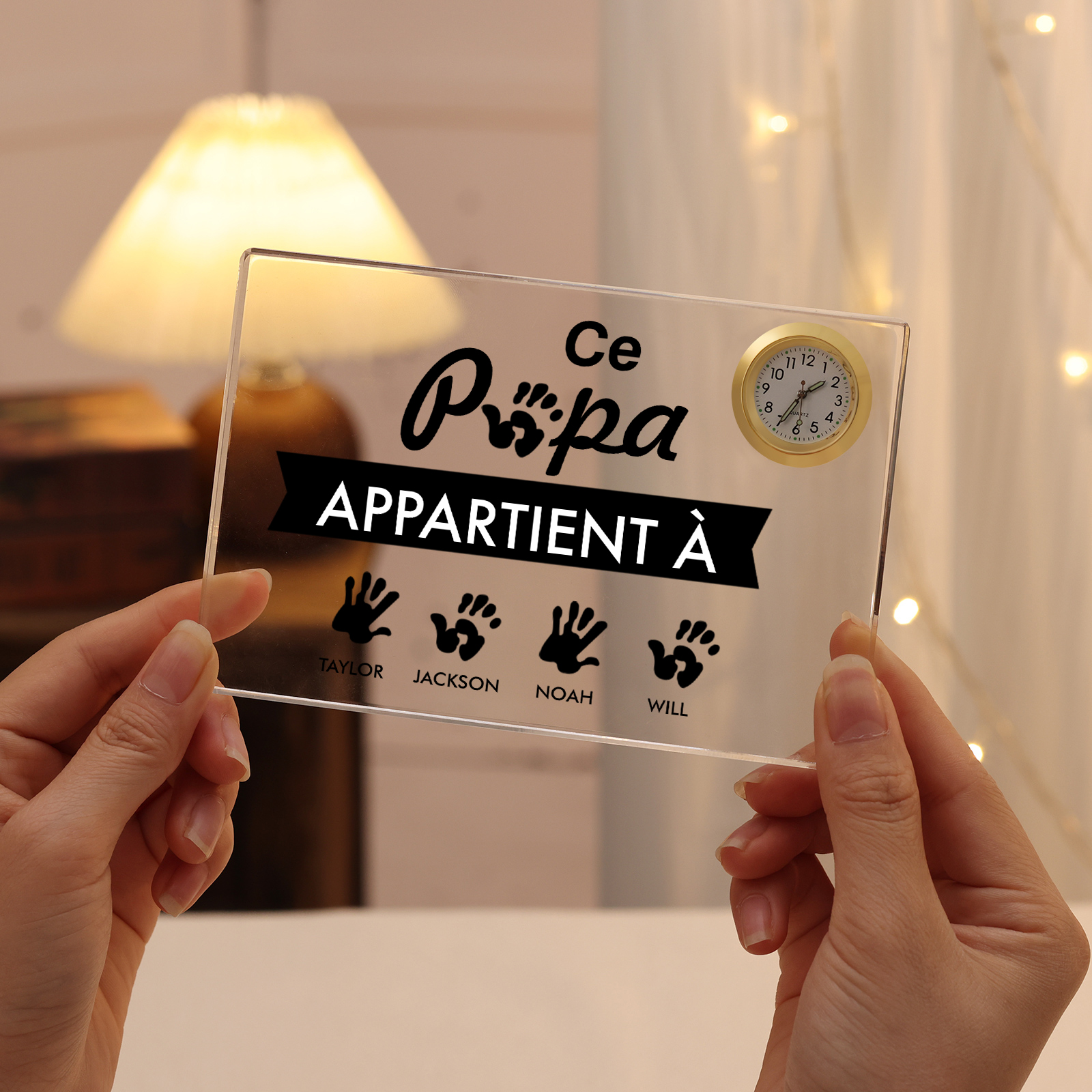 À mon Papa - Plaque Acrylique rectangle avec Horloge Empreinte De Main 4 Prénoms Personnalisés
