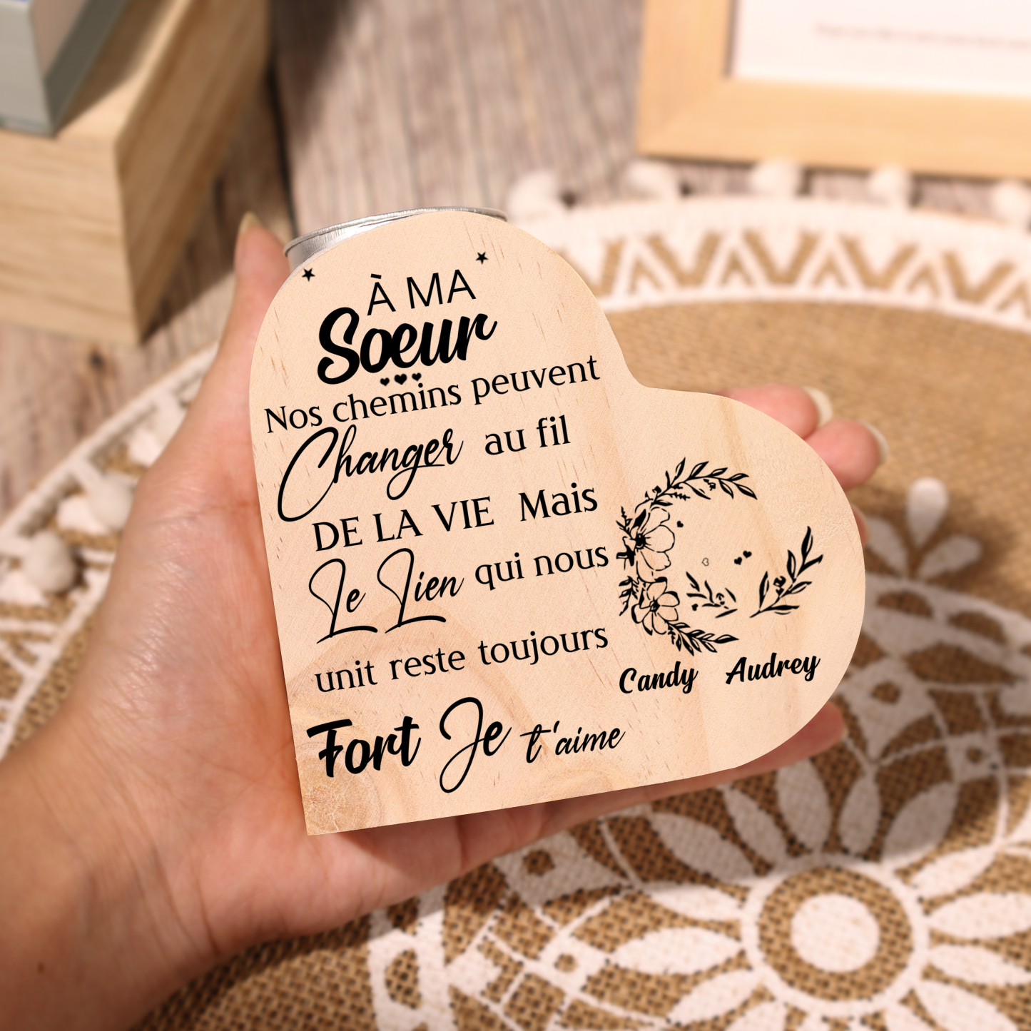 À Ma Sœur - Bougeoir en Bois 2 Prénoms Personnalisés sans bougie