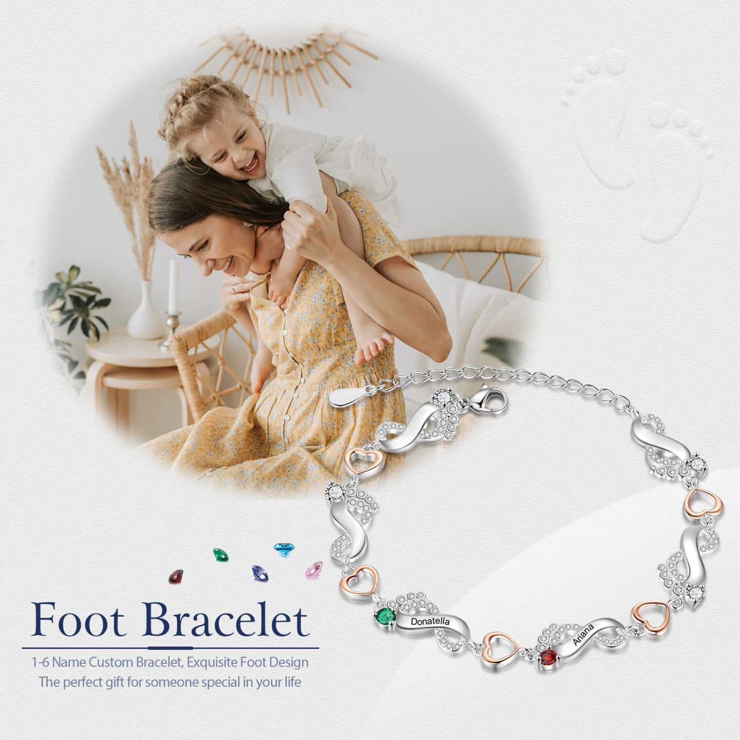 Bracelet pied bebe et Cœur 2 Prénom Personnalisé avec 2 pierre de naissance