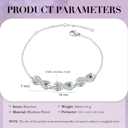 Bracelet Infini 6 Prénoms Personnalisé avec 6 Pierres de Naissance