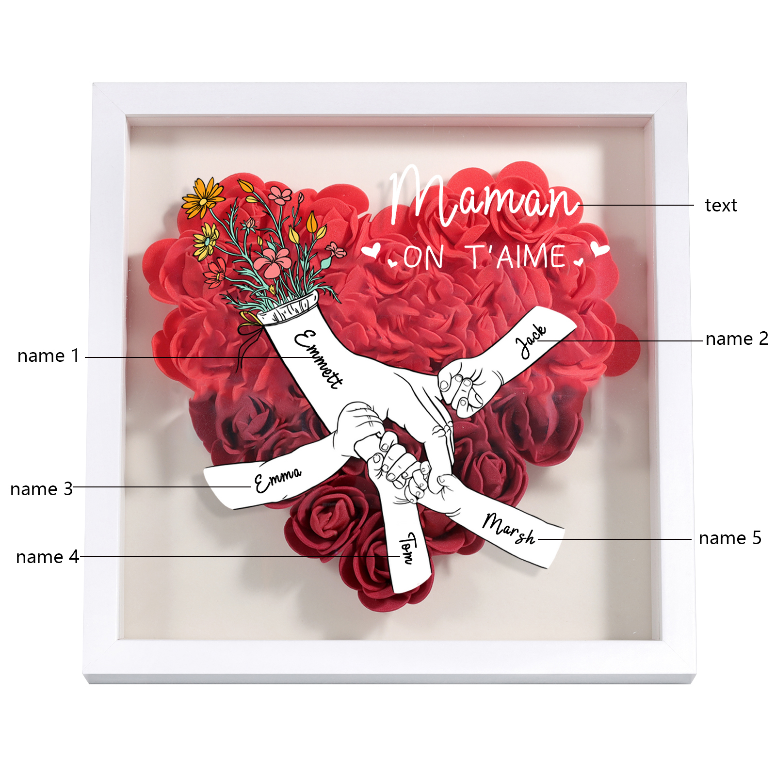 À ma Maman - Cadre Panneau de densité la main dans la main 5 Prénoms et 1 Texte Personnalisés Ornements Floral pour Famille