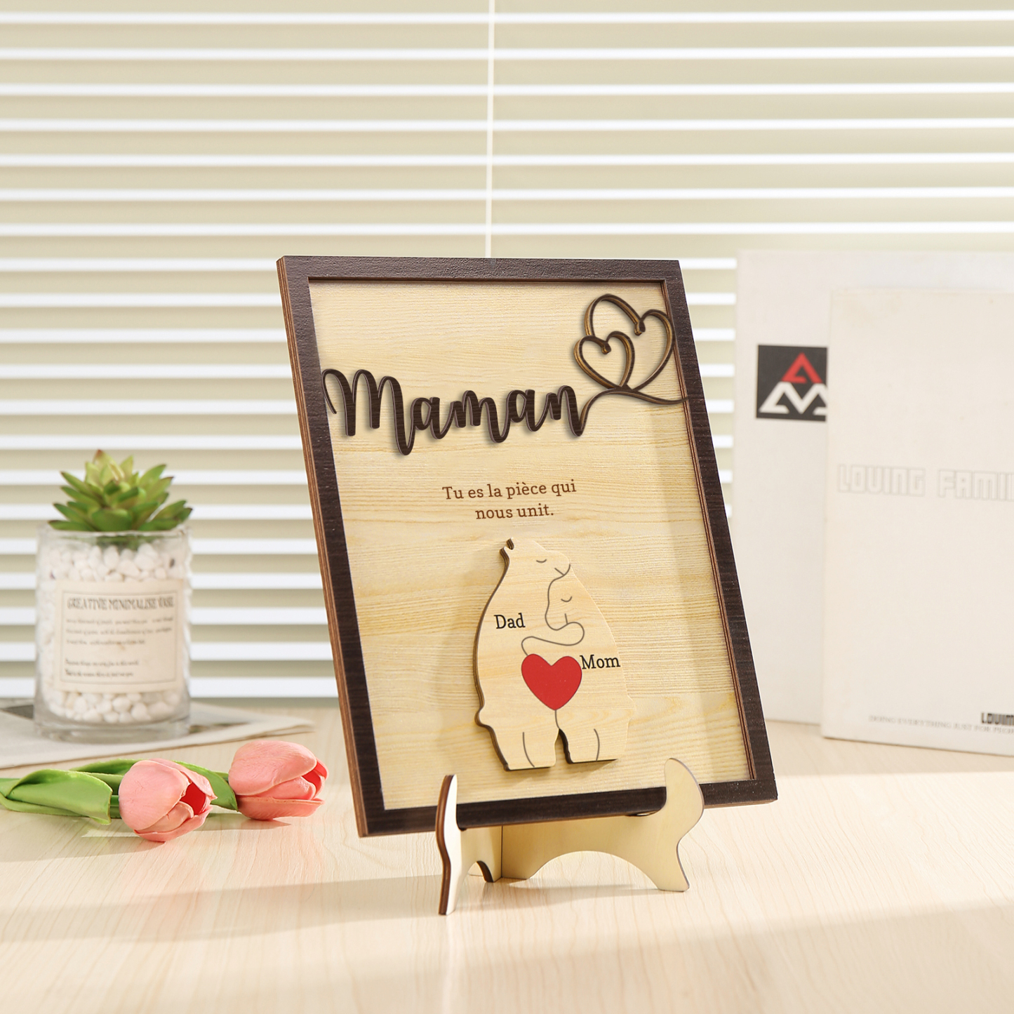 À ma Maman - Décoration en bois Ours 2 Prénoms Personnalisés Ornement pour Famille