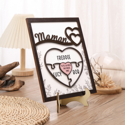 À ma Maman - Décoration en bois Cœur et Puzzle 3 Prénoms Personnalisés Ornement pour Famille