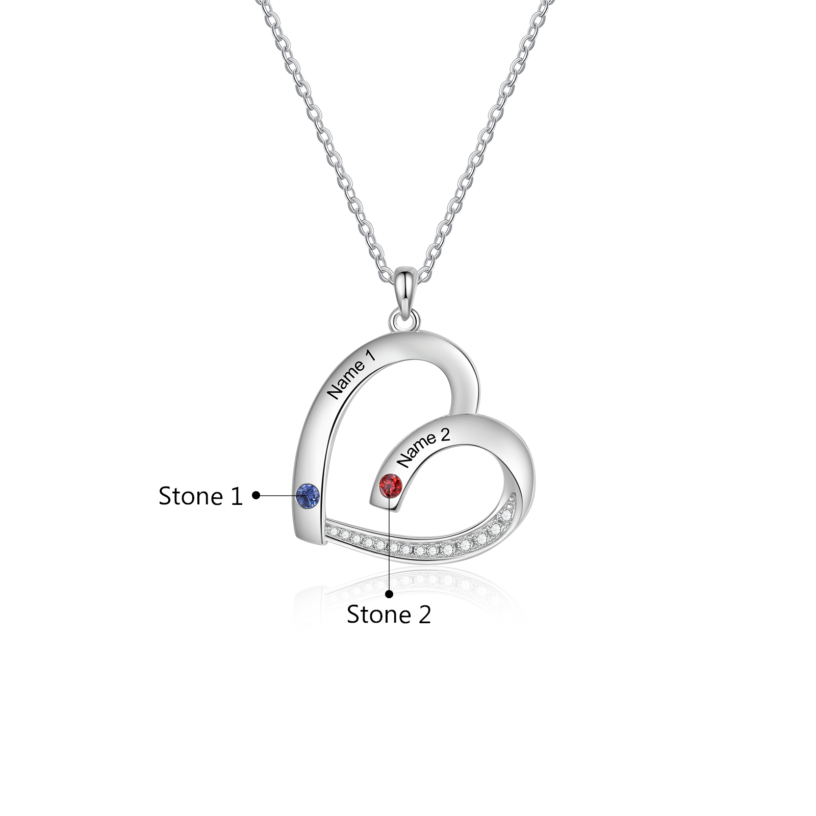 Collier Pendentif Cœur 2 Prénoms Personnalisés avec Pierre de naissance pour Femmes