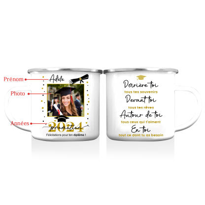 Tasse émaillée Diplômé 1 Prénom et Photo Personnalisés avec Année Cadeau de remise des diplômes