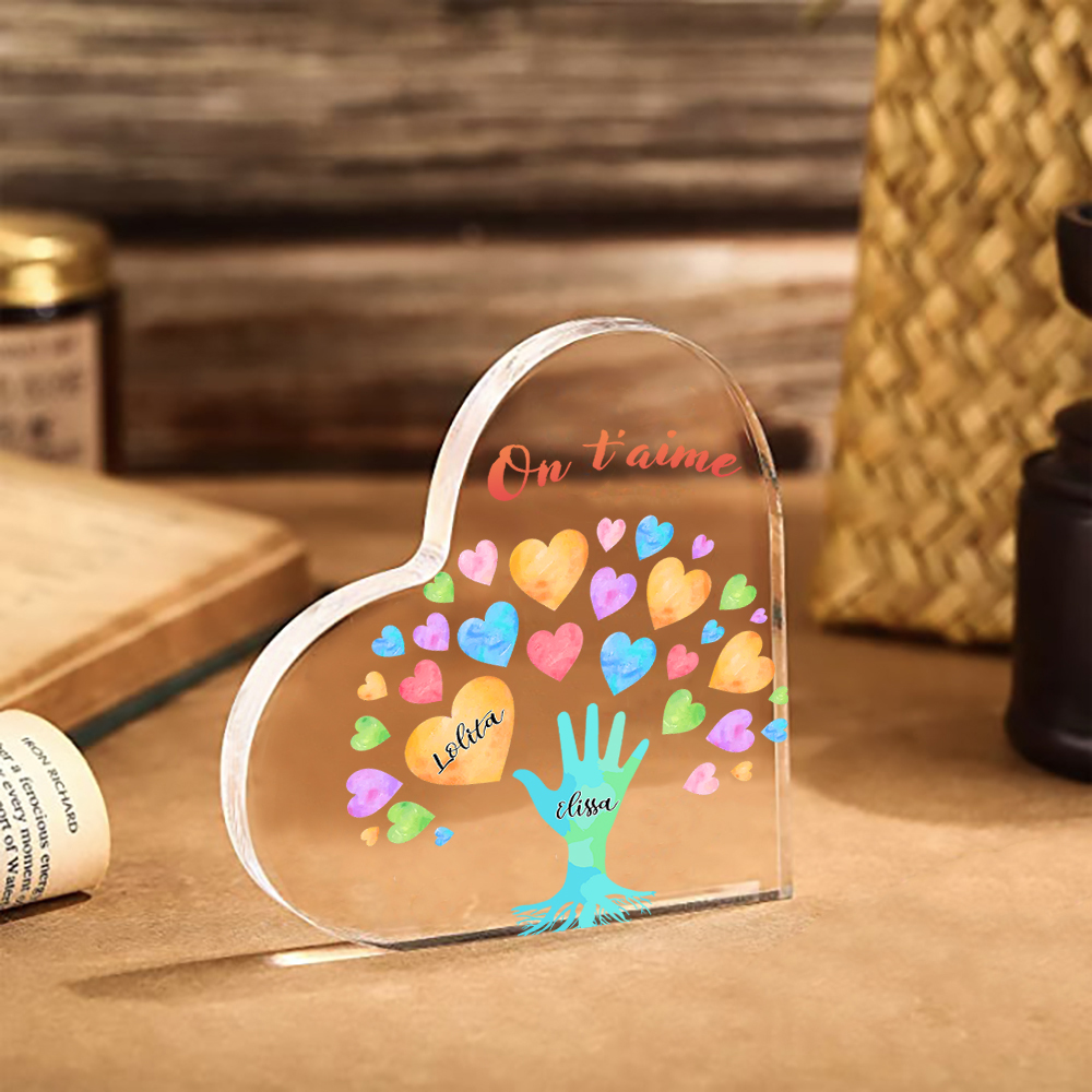 Plaque Acrylique en Forme de Cœur 2 Prénoms Personnalisés avec Texte pour Famille
