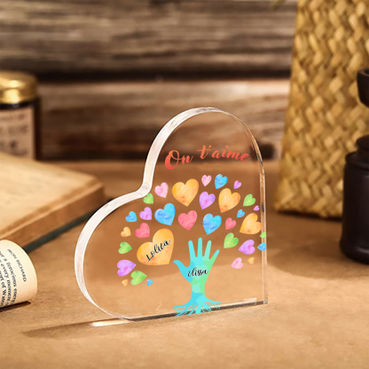 Plaque Acrylique en Forme de Cœur 2 Prénoms Personnalisés avec Texte pour Famille
