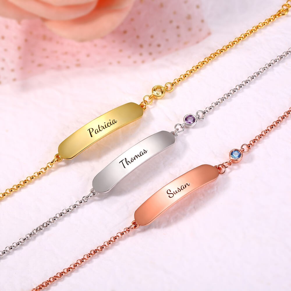 Bracelet / cheville Gourmette bébé gravable 1 Prénom Personnalisés avec 1 Pierre de Naissance