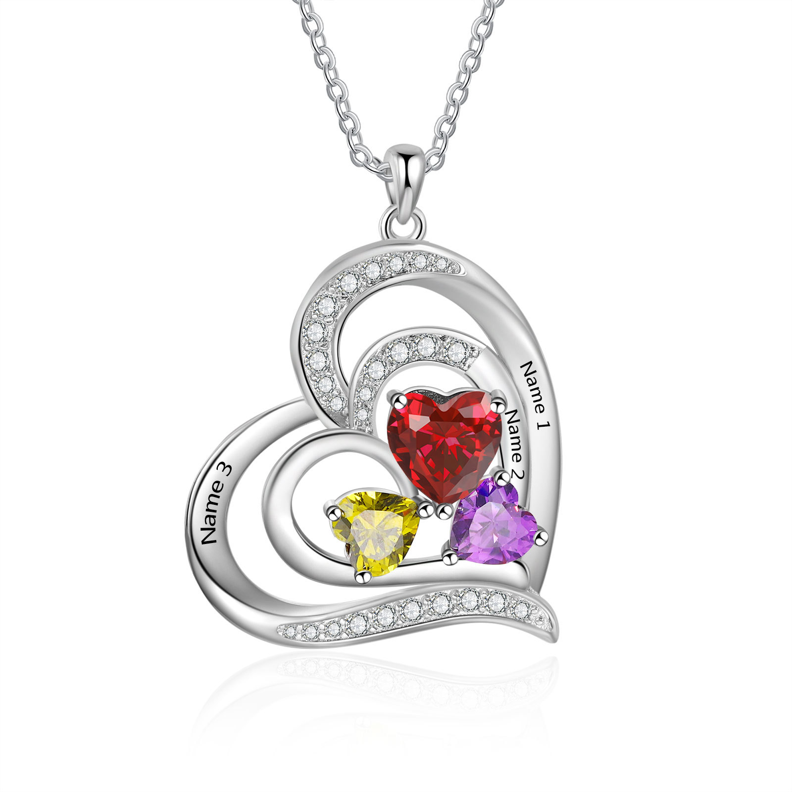 Collier Pendentif Cœur 3 Prénoms Personnalisés avec 3 Pierres de Naissance Collier Femmes