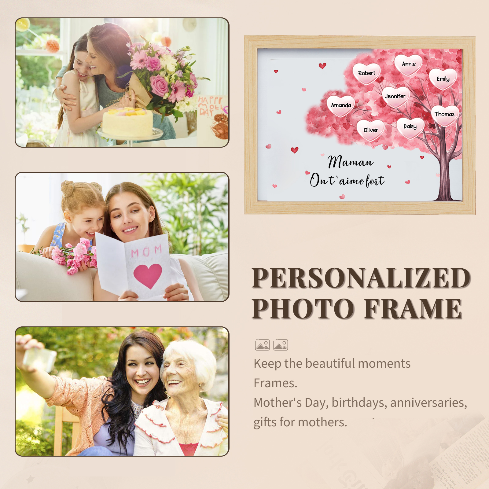 Cadre Photo LED Arbre 8 Prénoms Personnalisés avec 1 Texte Décoration Famille