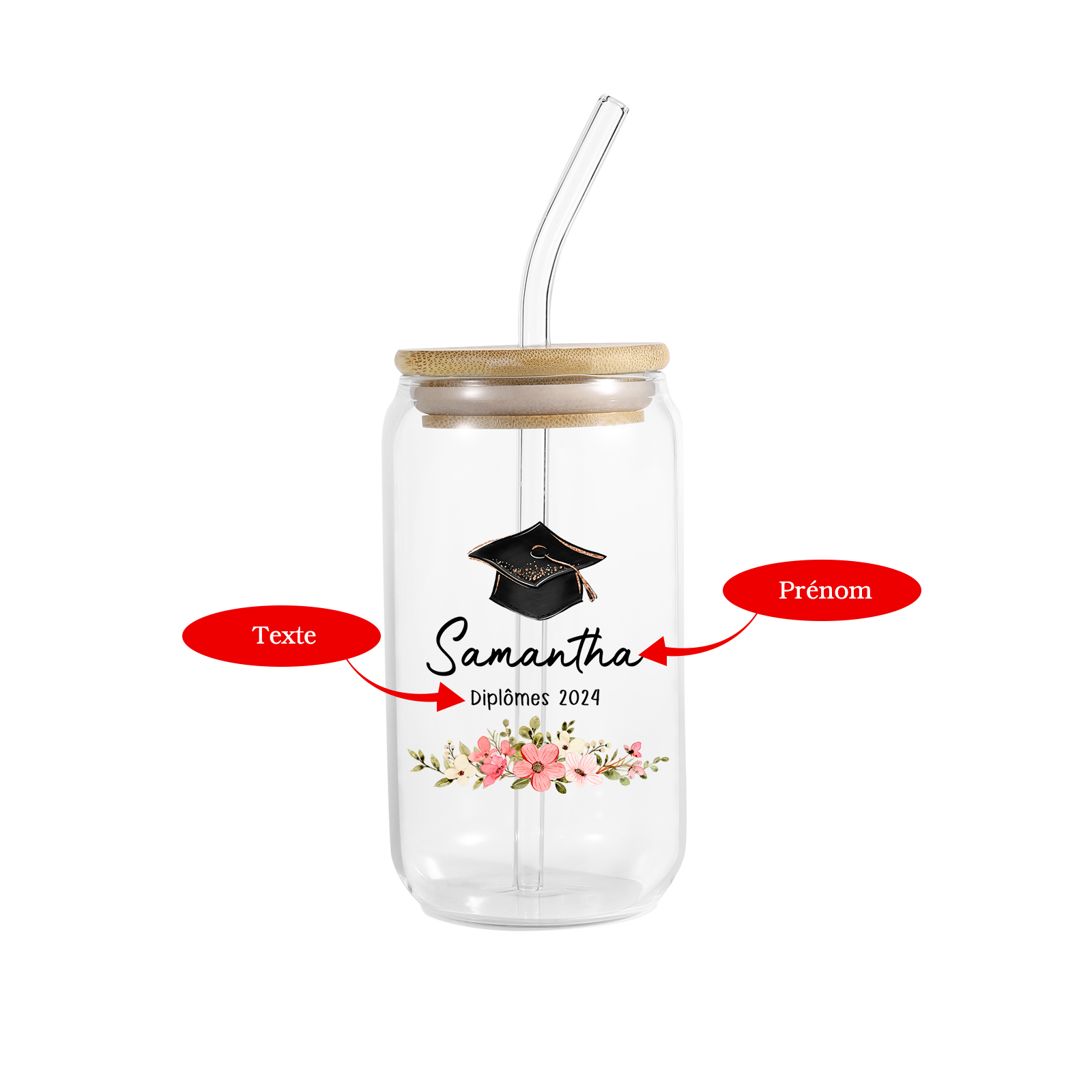 Tasse à Café Glacé En Verre 16 Oz Avec Couvercle En Bambou Et Paille En Verre Avec 2 Modèles Au