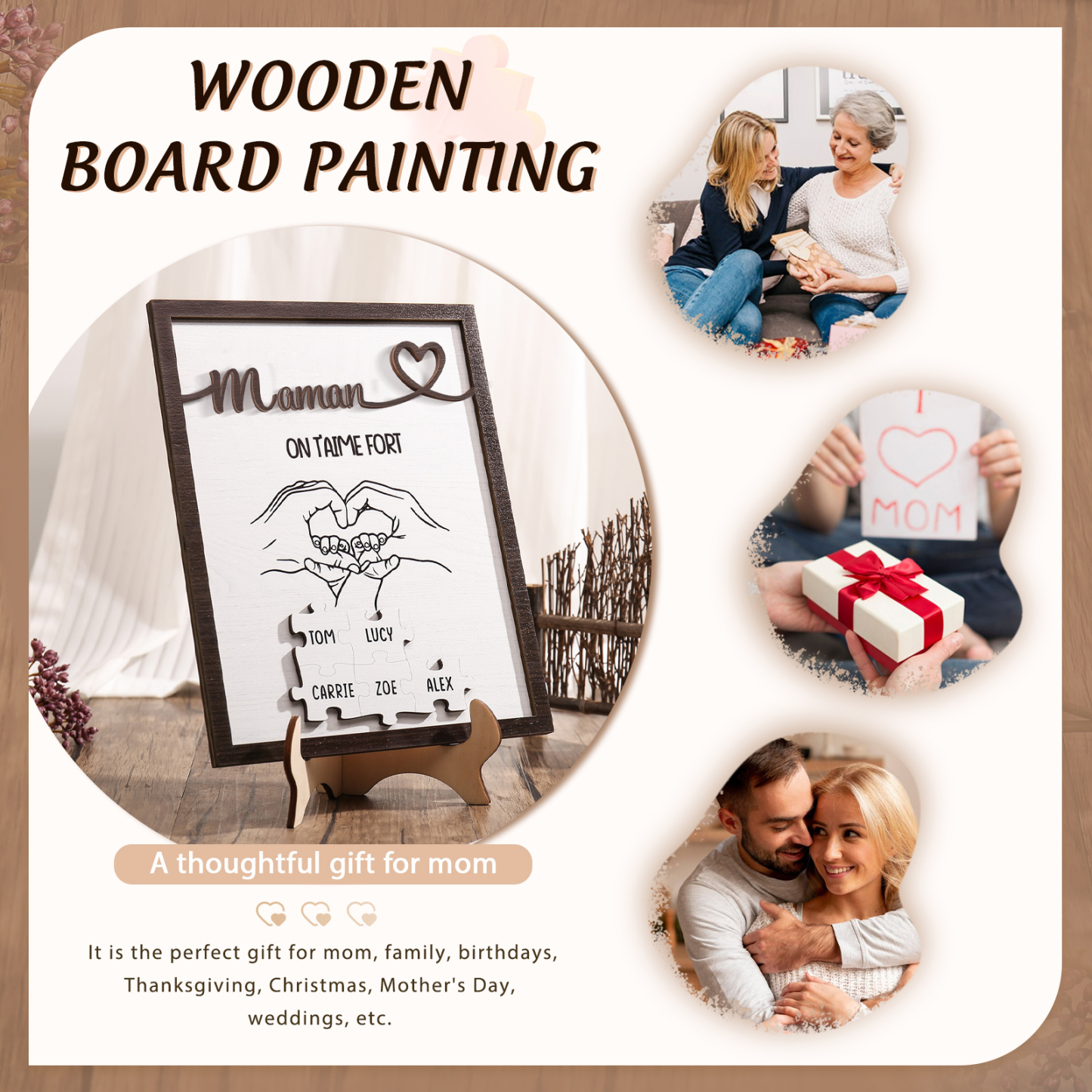 À Maman - Décoration en bois Mains et Puzzles 5 Prénoms et 1 Texte Personnalisés Ornement Famille