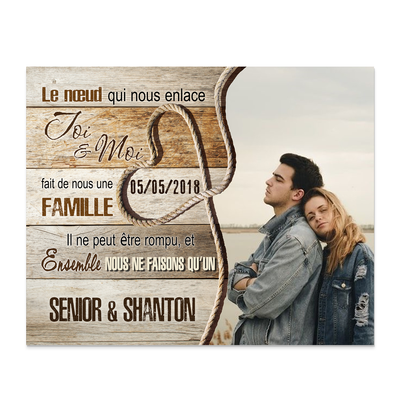 Cadre en Bois 2 Prénoms Personnalisés avec Date et Photo pour Couple Cadeau Saint Valentin | Jessemade