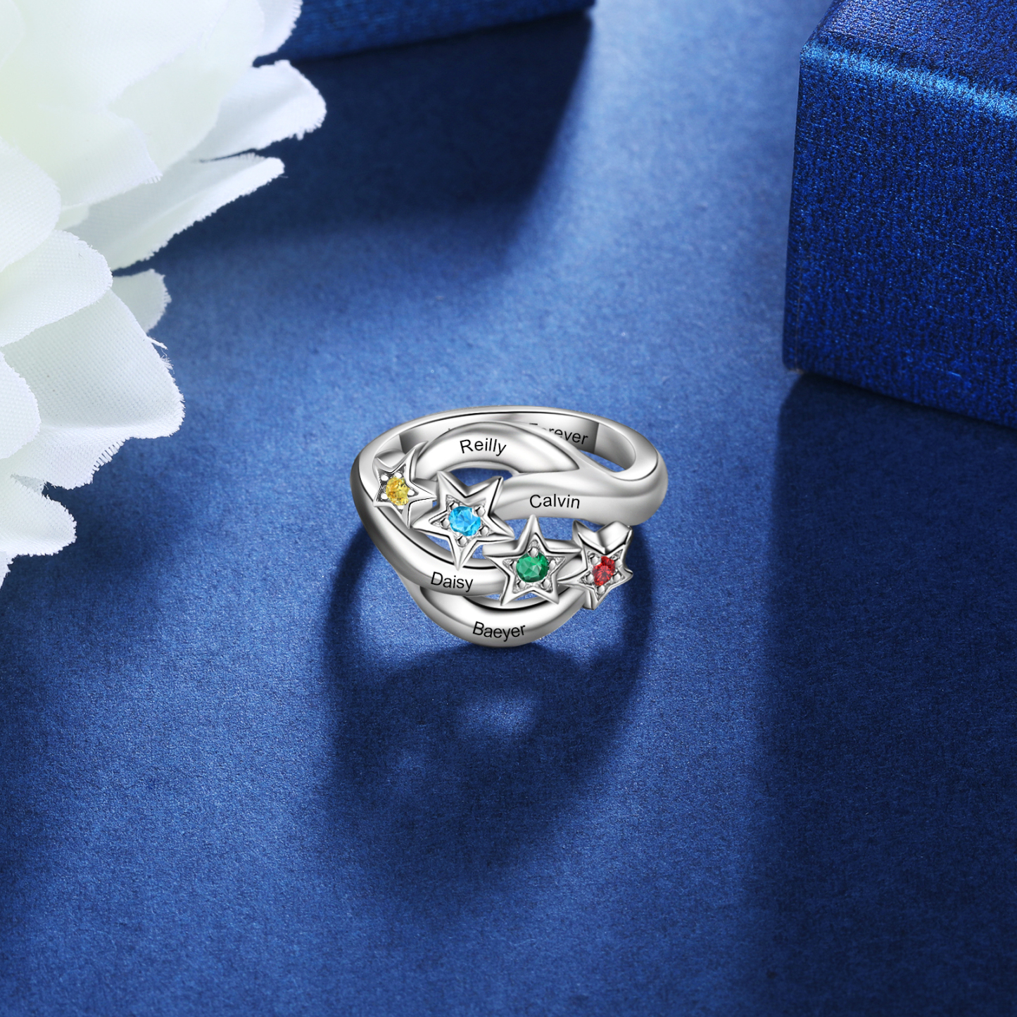 Bague étoilé 4 Prénom Personnalisé avec 4 Pierre de Naissance et texte en Argent 925