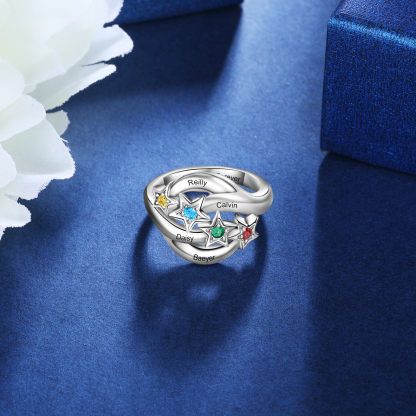 Bague étoilé 4 Prénom Personnalisé avec 4 Pierre de Naissance et texte en Argent 925