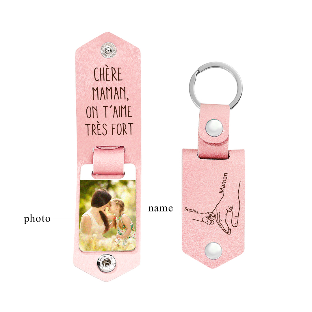 À ma Maman - Porte-Clés Cuir la Main dans la Main 1 Prénom Personnalisé avec Photo