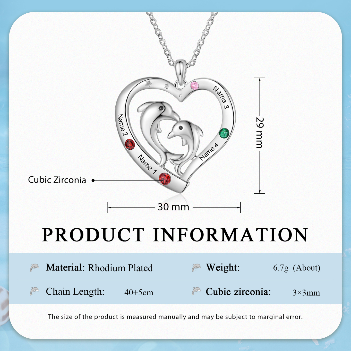 Collier Pendentif Cœur et Dauphin 4 Prénoms Personnalisés avec 4 Pierres de Naissance