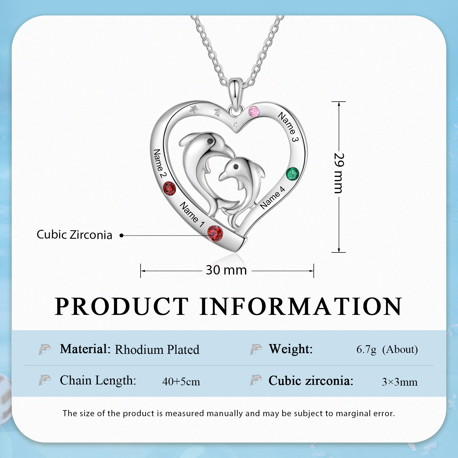 Collier Pendentif Cœur et Dauphin 4 Prénoms Personnalisés avec 4 Pierres de Naissance