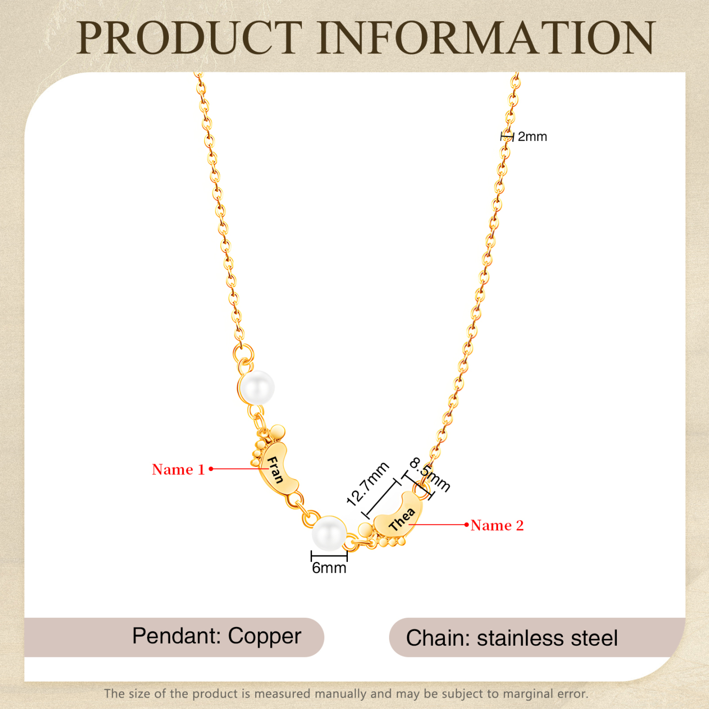 Collier Pieds Bébé et Perles 2 Prénoms Personnalisés Collier Femmes