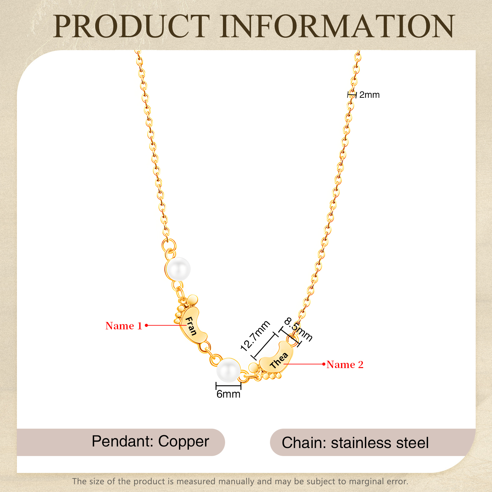 Collier Pieds Bébé et Perles 2 Prénoms Personnalisés Collier Femmes