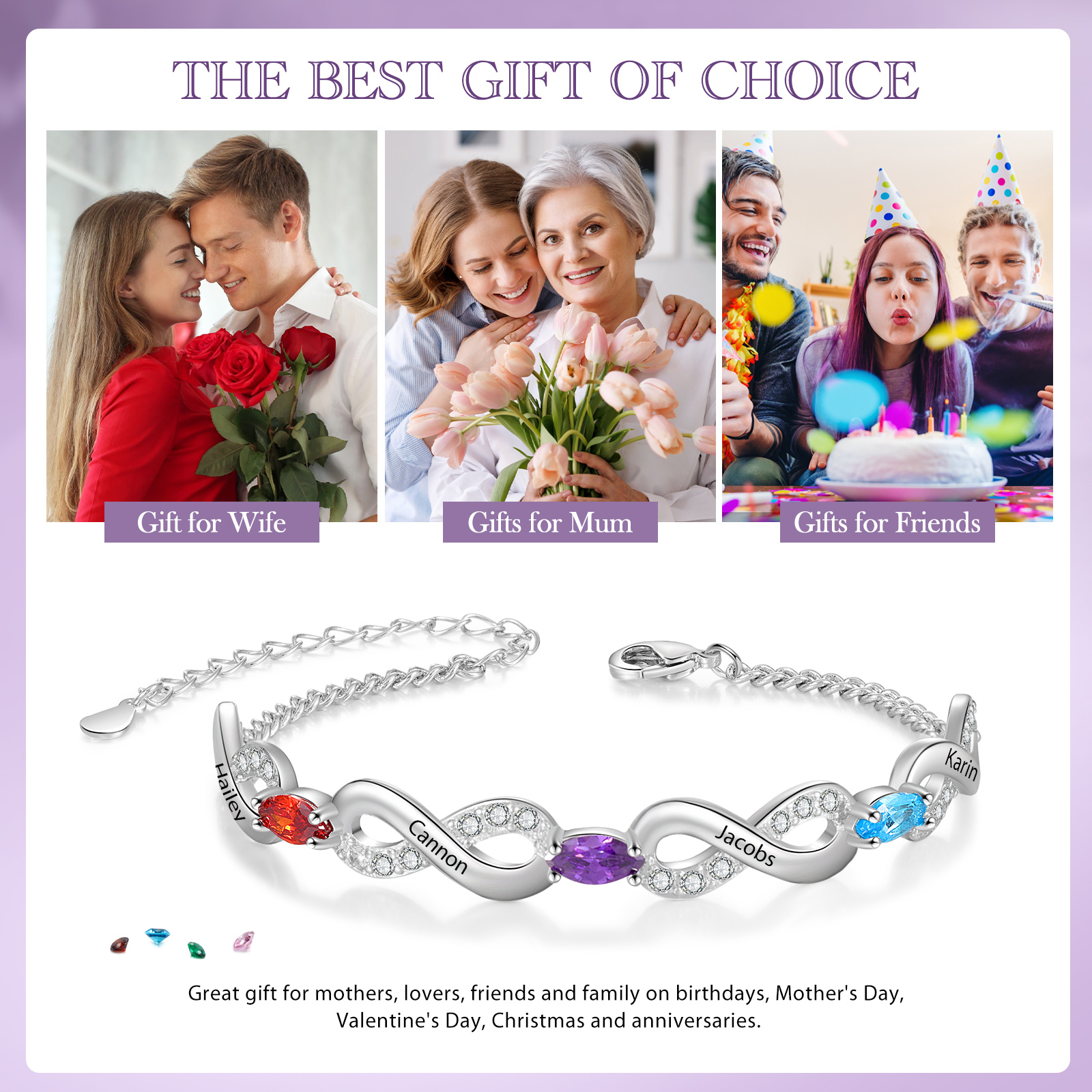 Bracelet Infini 4 Prénoms Personnalisés avec 3 Pierres de Naissance pour Femme