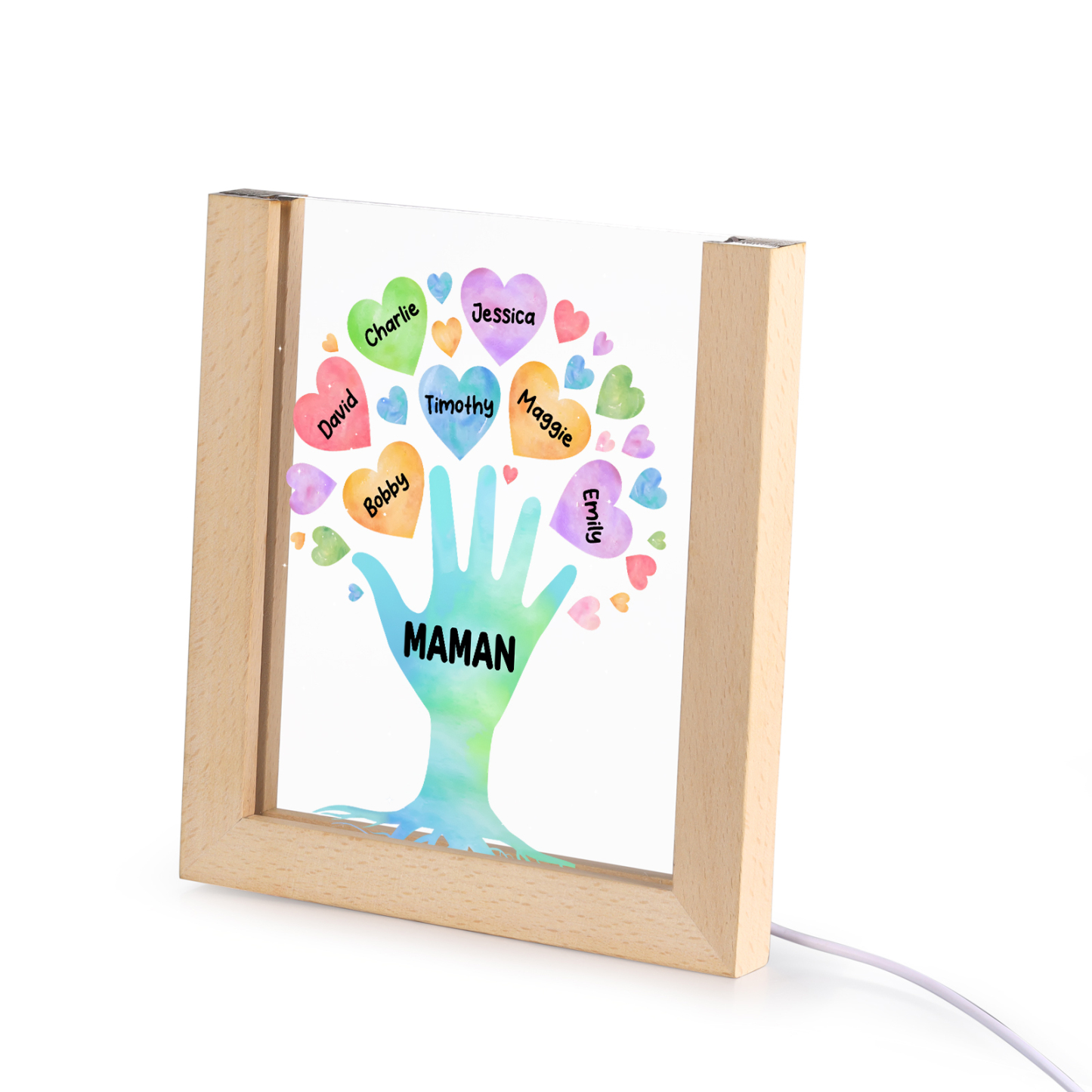 À Maman/Mamie - Lampe de chevet LED Main et Cœur 7 Prénoms Personnalisés avec 1 Texte