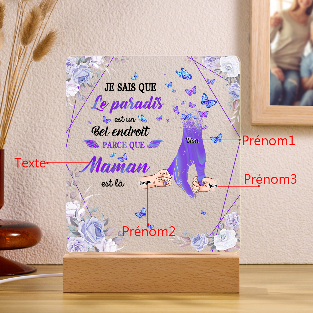 À Maman/Papa - Lampe de chevet LED Commémorative 3 Prénoms Personnalisés avec 1 Texte Lampe de chevet la main dans la main