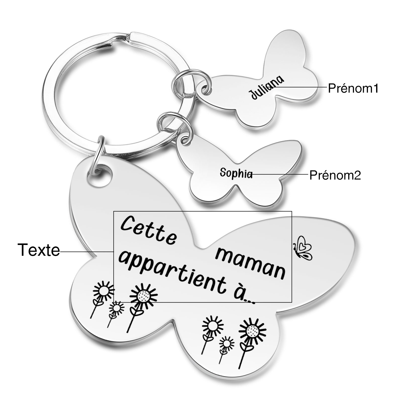 À Maman/Mamie - Porte-Clés Papillon 2 Prénoms Personnalisés avec Texte 