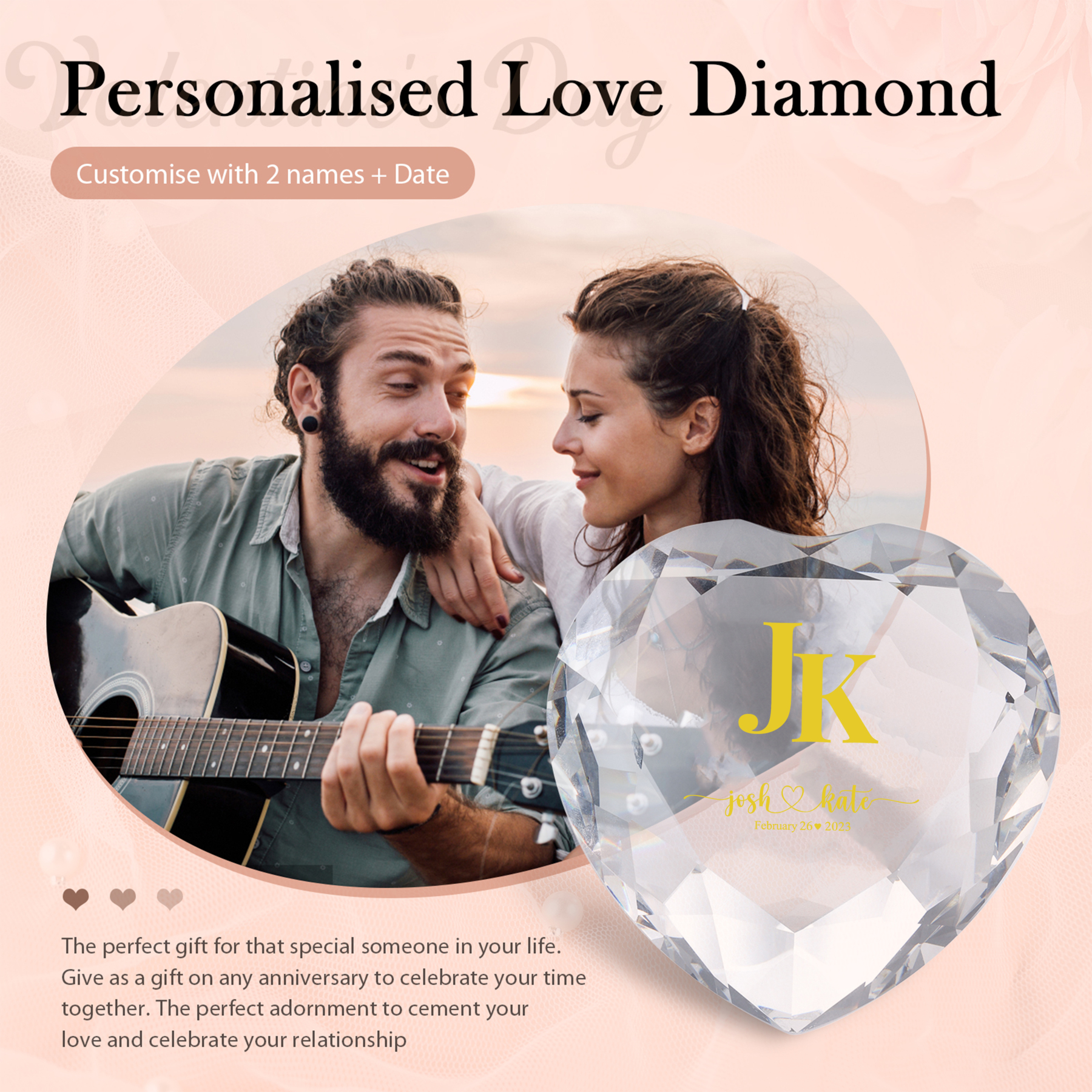 Décoration Cristal Cœur 2 Prénoms et 2 Lettres Personnalisés avec Date pour Couple