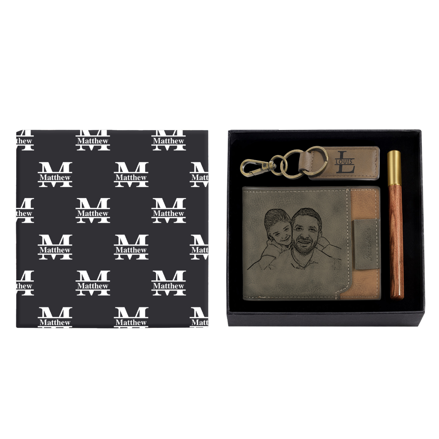 Coffret Cadeau 3PCS - Portefeuille classique Porte-Clés et Stylo 3 Prénoms et 3 Lettres Personnalisés avec 1 Photo Coffret Cadeau pour Homme
