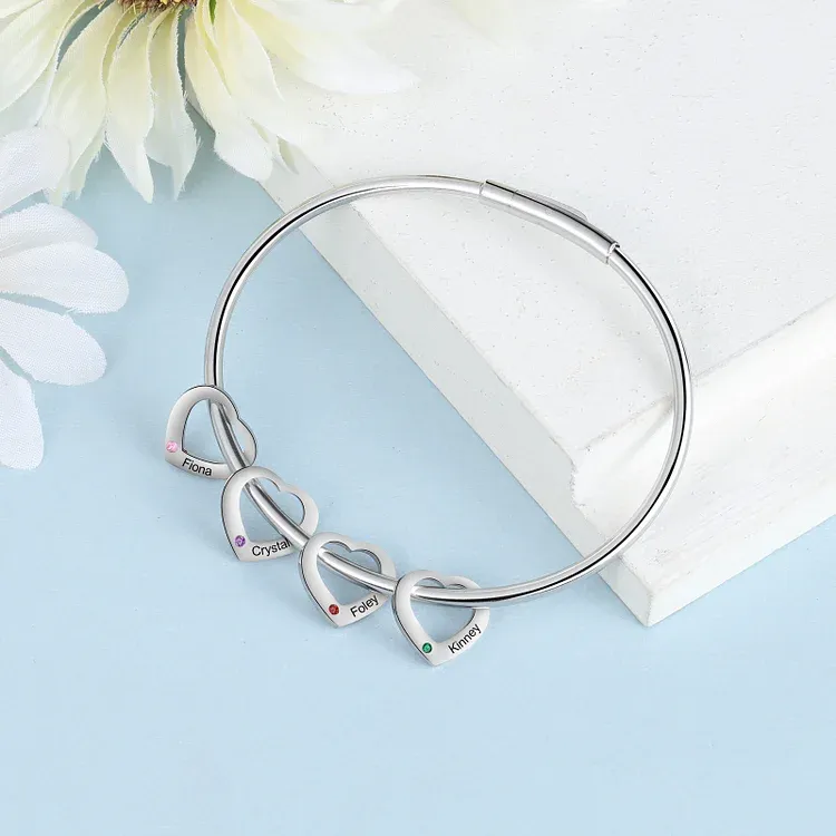 Bracelet Jonc Bracelet Coeur 4 Prénoms Personnalisés avec 4 Pierres de Naissance Argent Or | Jessemade