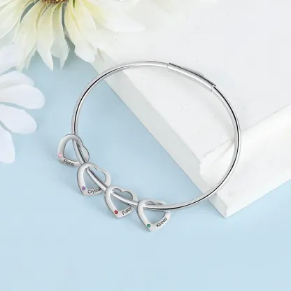 Bracelet Jonc Bracelet Coeur 4 Prénoms Personnalisés avec 4 Pierres de Naissance Argent Or | Jessemade