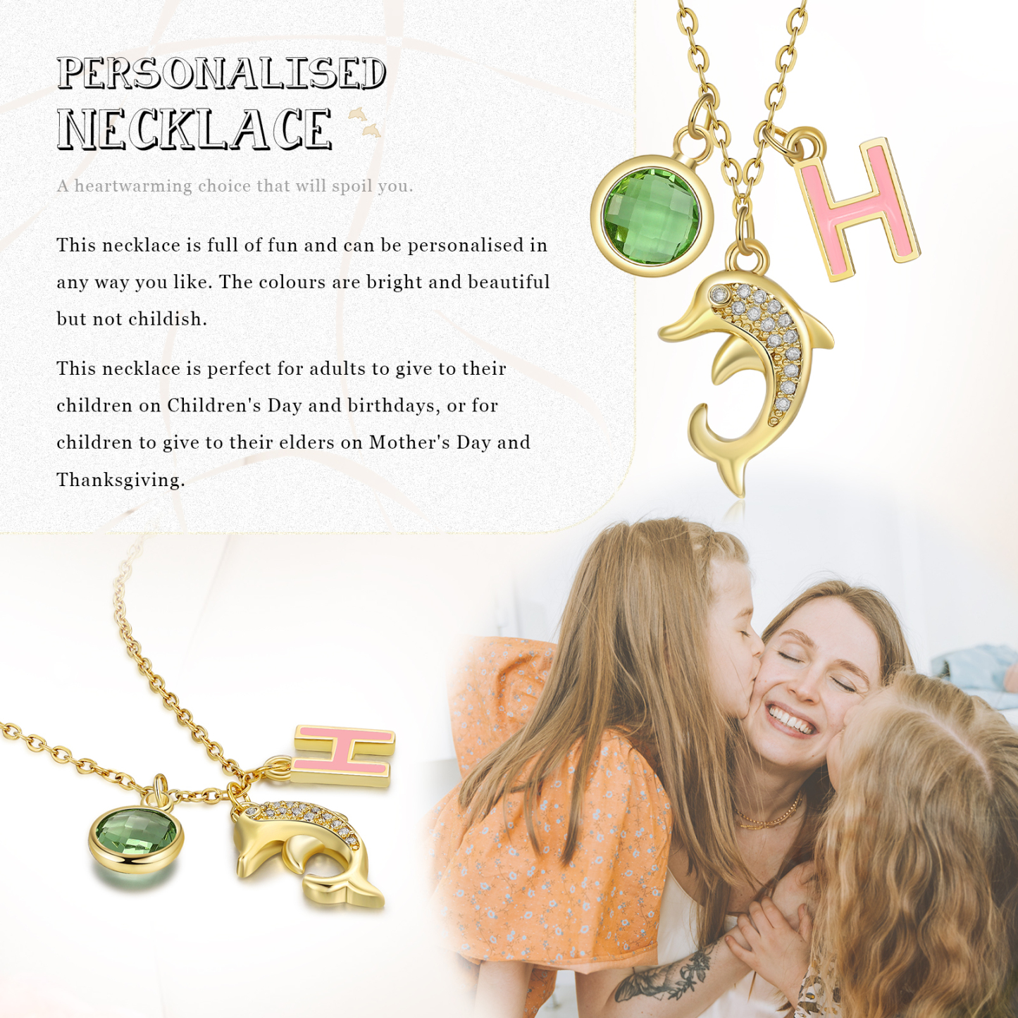 Collier Enfants Bébé Collier Dauphin 1 Pierre de Naissance et 1 Lettre pour Fille Filleule