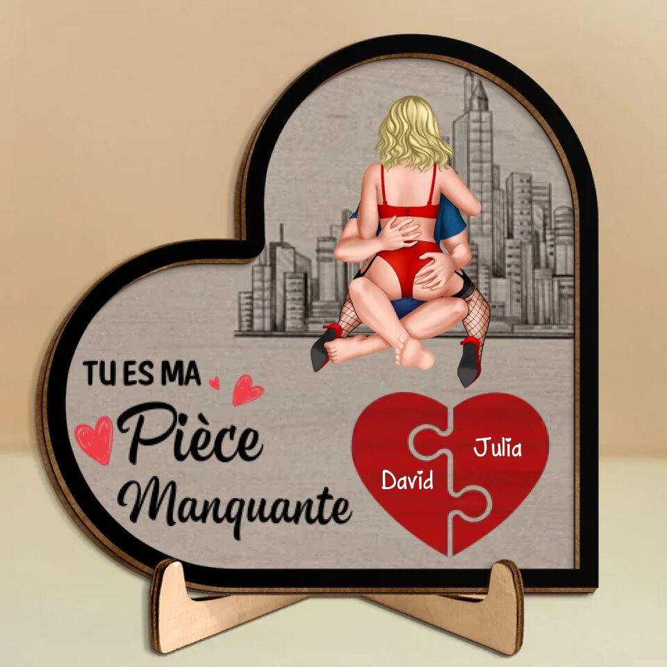 Plaque en Bois Cœur Puzzle avec Socle pour Couple, «Tu es ma pièce manquante»