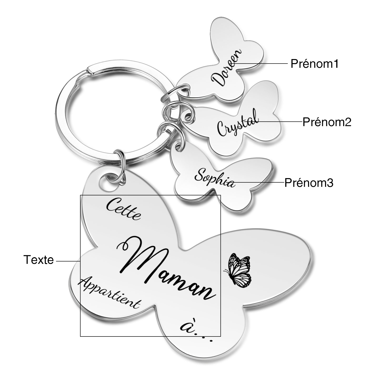 À Maman/Mamie - Porte-Clés Papillon 3 Prénoms Personnalisés avec Texte