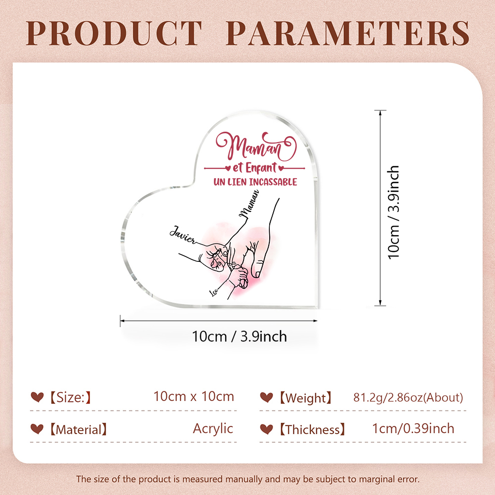 À ma Maman - Plaque Acrylique en Forme de Cœur la main dans la main 3 Prénoms Personnalisés