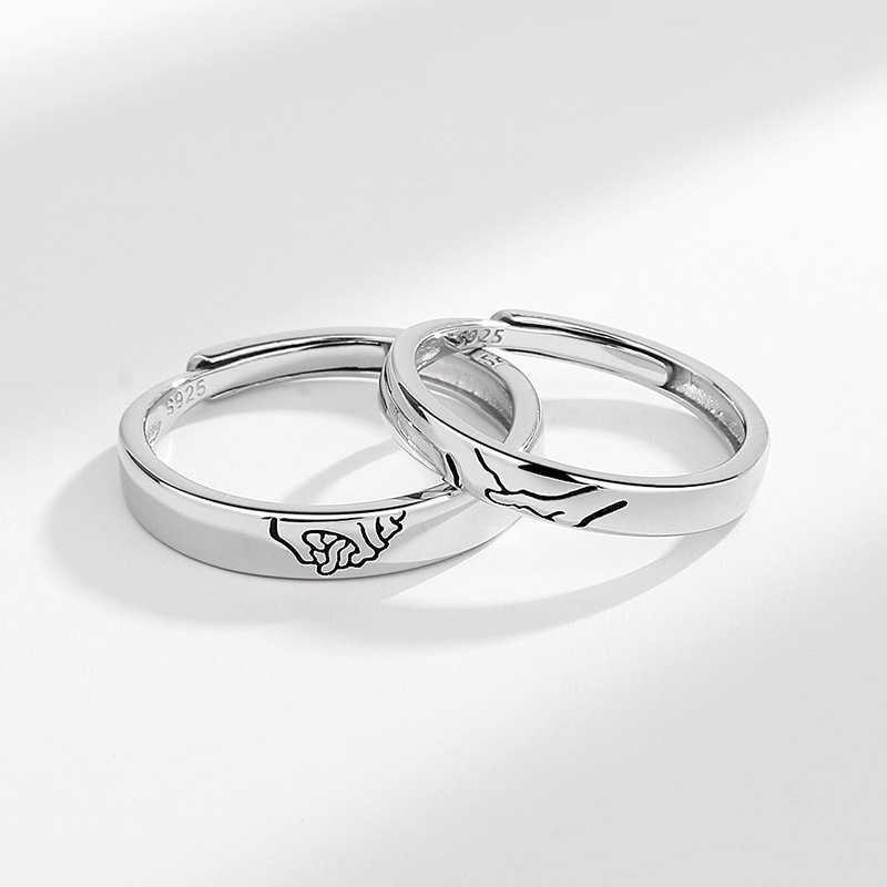 Bague en Argent 925 La Main Dans La Main Réglable Couple 2PCS 2 Lettres Personnalisée Alliance｜Jessemade